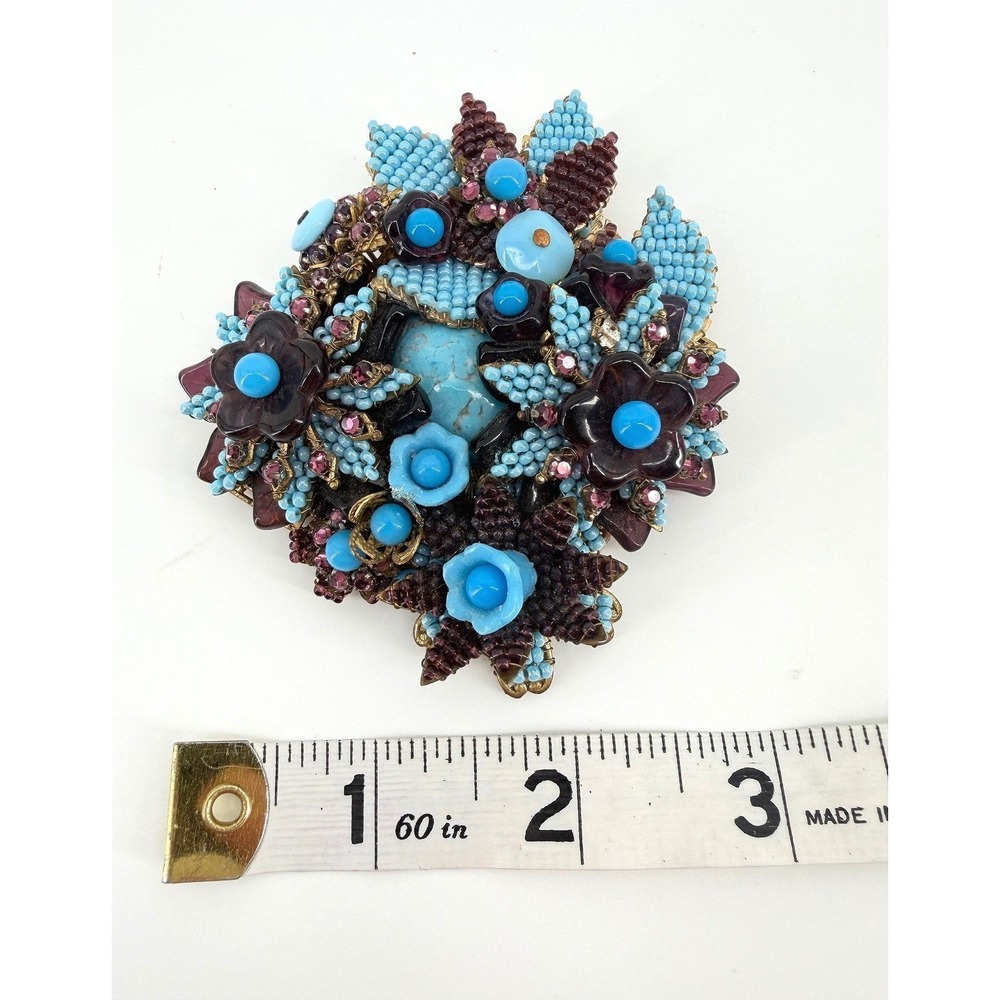 Stanley Hagler NYC Vintage Beaded Floral Brooch Turquoise Purple Gold Filigree - Picture 4 of 6